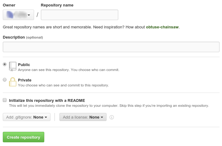 GitHub new repository dialog